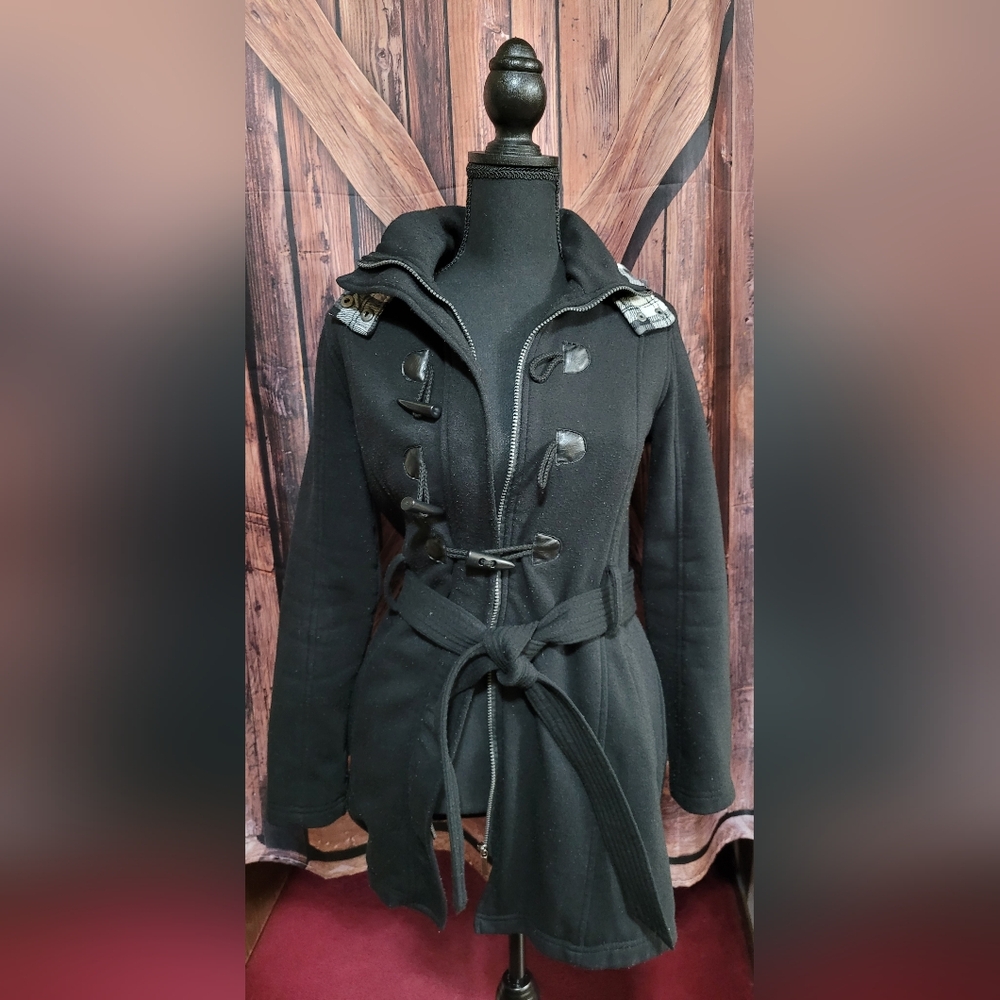 Women's Yoki Hooded Horn Button Zip Up Coat (Medium)